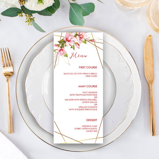 Menu Magnolias Faux Gold Foil Frame Rustique Mariage (Créateur téléchargé)