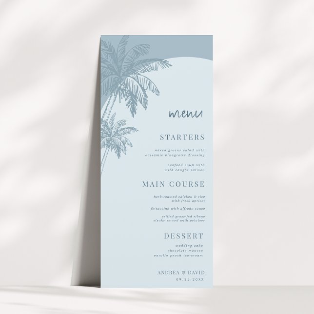 Menu Main Tirée Dusty Blue Palm Tree Boho Beach Mariage (Créateur téléchargé)
