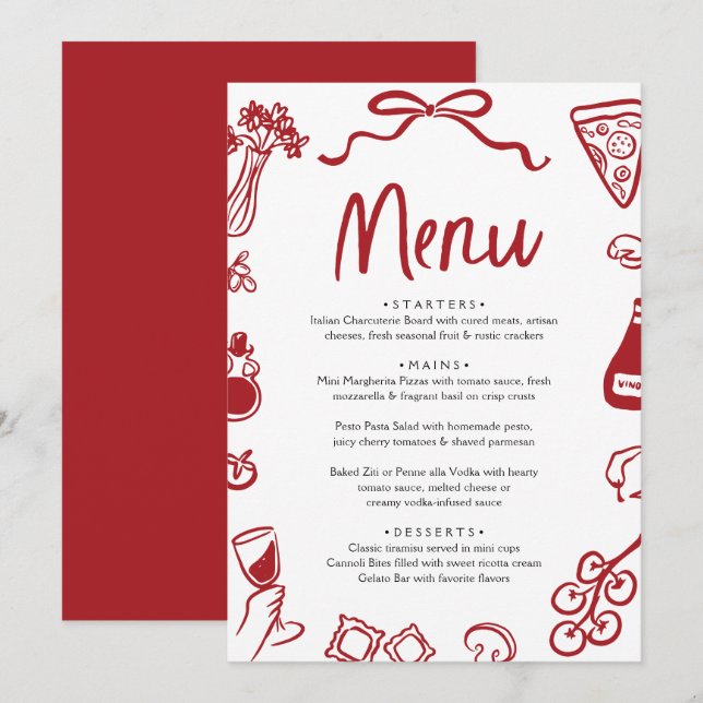 Menu Mains Rouges Tirées Italiennes Whimsical Pizza Pas (Devant / Derrière)