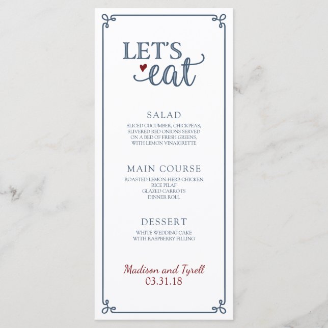 Menu "Mangeons" - Mariage bleu et rouge foncé Dusty (Devant)