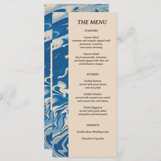 Menu Marbre Bleu Mariage côtier moderne (Devant / Derrière)