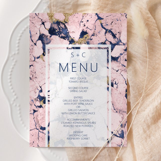 Menu Marbre moderne Marine Bleu Bleu Mariage or (Créateur téléchargé)