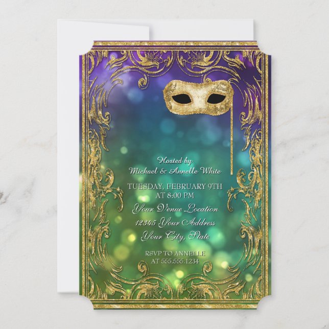 Menu Mardi Gras Masquerade Bokeh Gold Glitter Invitation (Front)