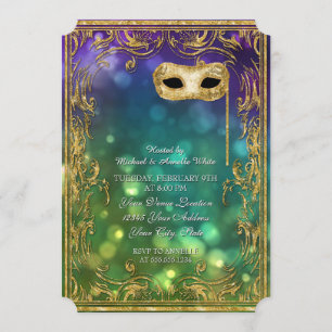 Menu Mardi Gras Masquerade Bokeh Gold Glitter Invitation