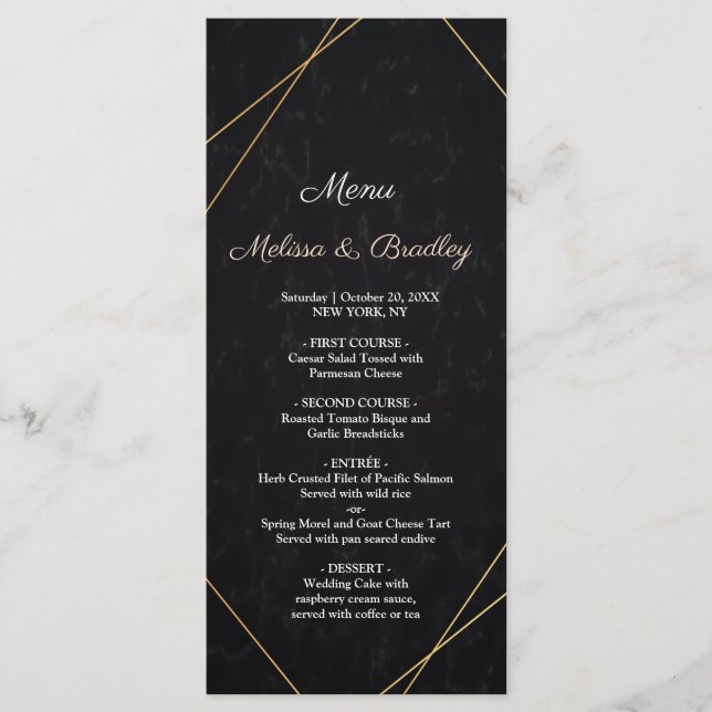 Menu Mariage à cadre géométrique noir et or chic (Devant)