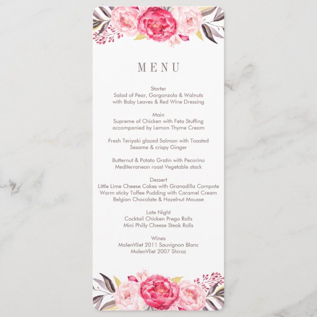 Menu Mariage à fleurs d'aquarelle rose (Devant)
