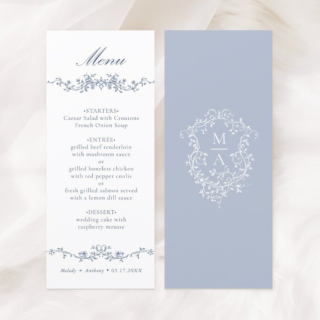 Menu Mariage à la frontière bleu classique (Front & Back)