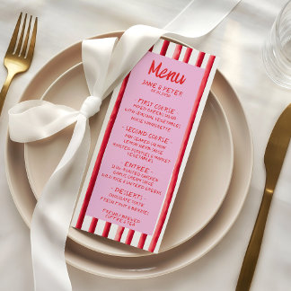 Menu Mariage à l'écriture manuscrite rose et rouge rayé