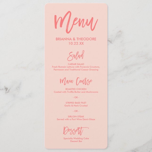 Menu Mariage à main chic | Corail (Devant)