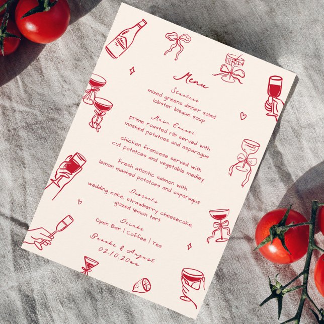 Menu Mariage à main de gribouillis rouge tiré (Créateur téléchargé)
