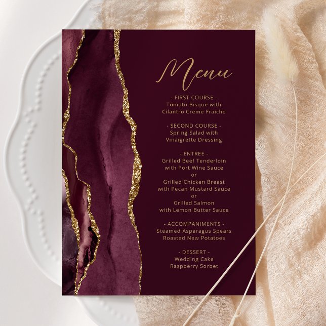 Menu Mariage Agate Bourgogne Or Script (Créateur téléchargé)