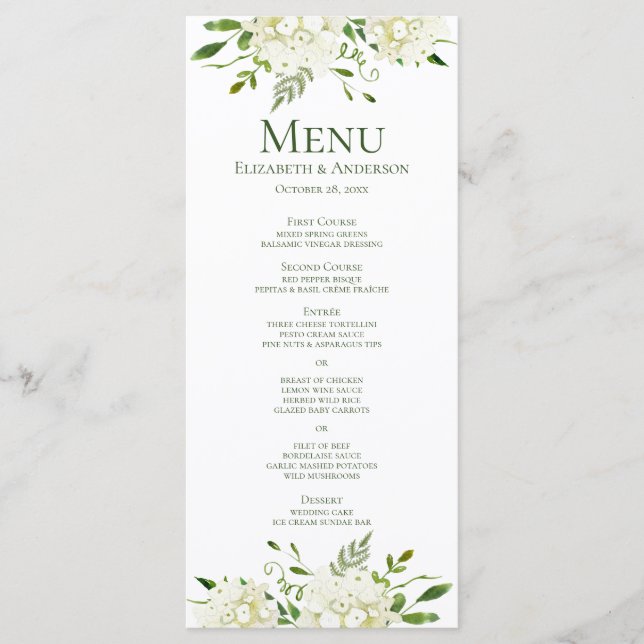 Menu Mariage aquarelle florale aux hortensias blancs (Devant)