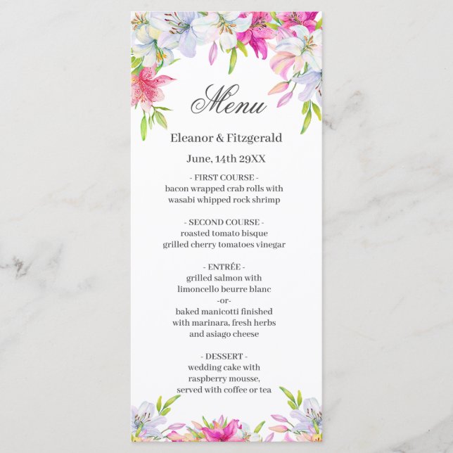 Menu Mariage Aquarelle Lilies (Devant)