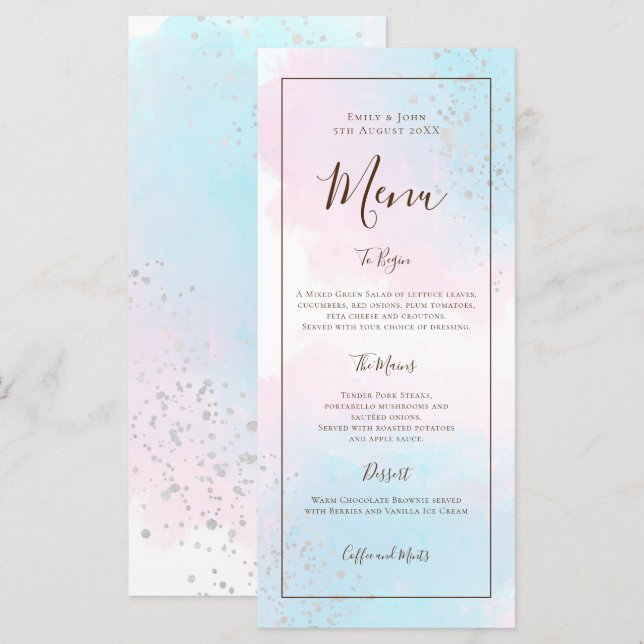 Menu Mariage Aquarelle rose bleu argenté (Devant / Derrière)