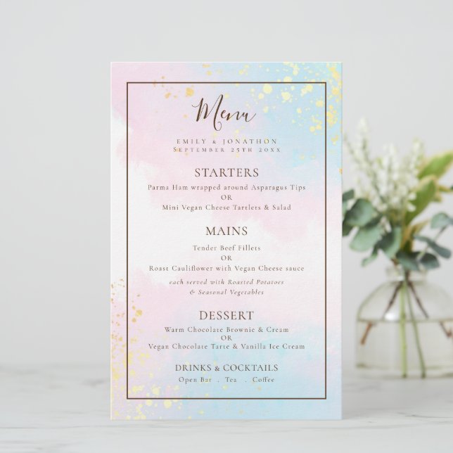 Menu Mariage Aquarelles Turquoises rose budget (Debout devant)