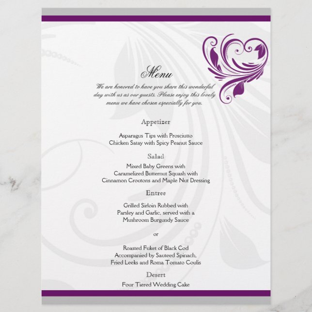 Menu Mariage Argent et Purple Floral Heart (Devant)