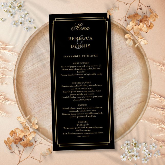 Menu Mariage Art Déco Classique Noir Et Or (Classic Art Deco Black And Gold Wedding Menu)