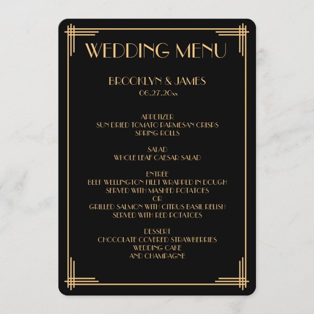 Menu Mariage Art Déco Gatsby Noir Rond (Devant)