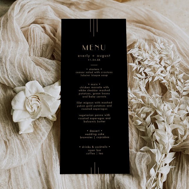 Menu Mariage Art déco noir et or (EVERLY Elegant Art Deco Black and Gold Wedding Menu)