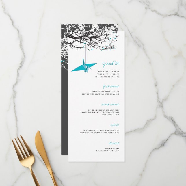 Menu Mariage asiatique  de la grue en papier Turquoise (Devant/Arrière en situation)