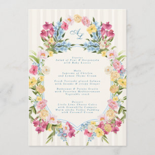 Menu Mariage au blason vintage à monogramme floral bleu