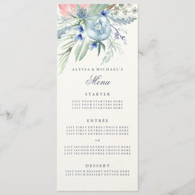 Menu mariage aux pivoines bleu et rose (Devant)