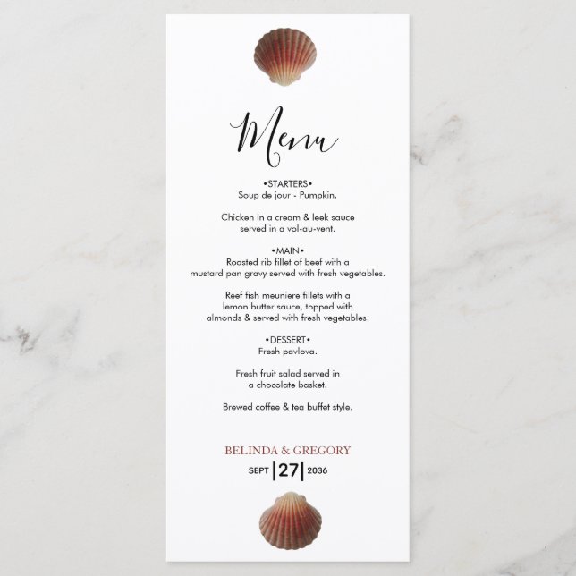 Menu Mariage Beach Seashell Clams (Devant)
