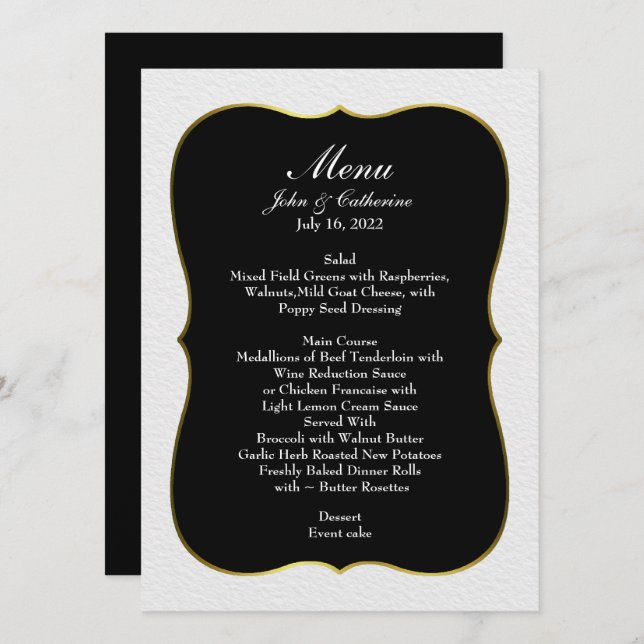 Menu Mariage Black and White Simple Elegance (Devant / Derrière)