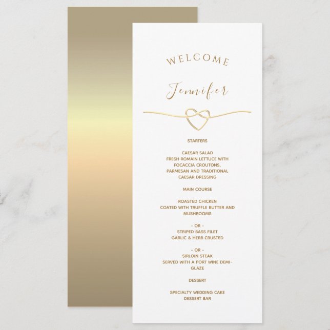 Menu Mariage blanc avec nom et coeur d'or (Devant / Derrière)