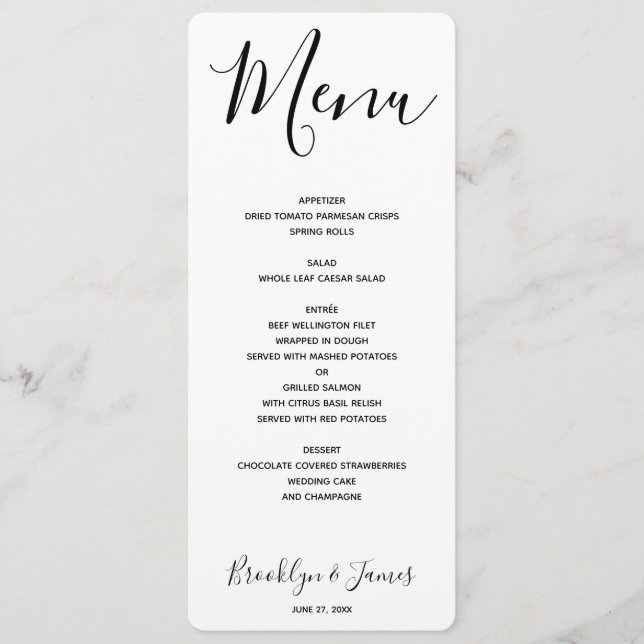 Menu Mariage blanc de script simple (Devant)