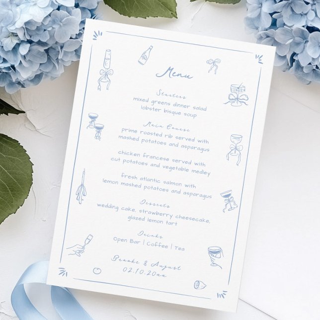 Menu Mariage blanc et bleu dessiné à la main (Créateur téléchargé)