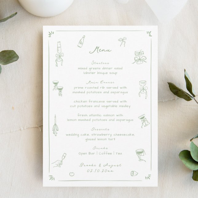 Menu Mariage blanc et vert tiré à la main (Créateur téléchargé)