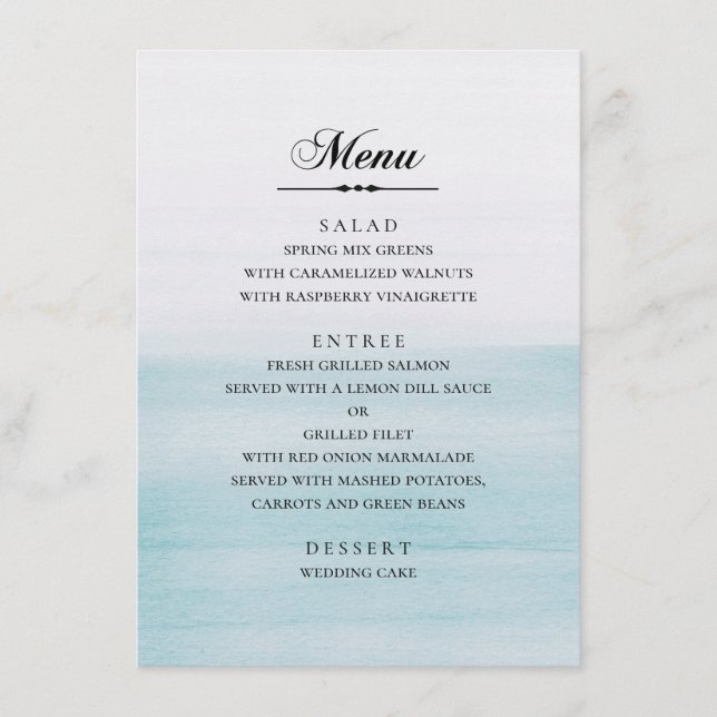 Menu Mariage bleu aquarelle. Classique nautique élégant (Devant)