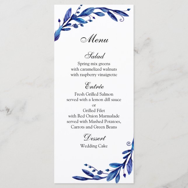 Menu mariage bleu botanique. Menu du dîner d'hiver (Devant)