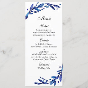 Menu mariage bleu botanique. Menu du dîner d'hiver