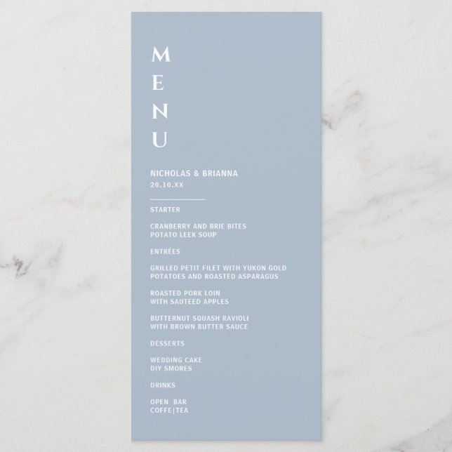 Menu Mariage bleu Dusty minimaliste (Devant)