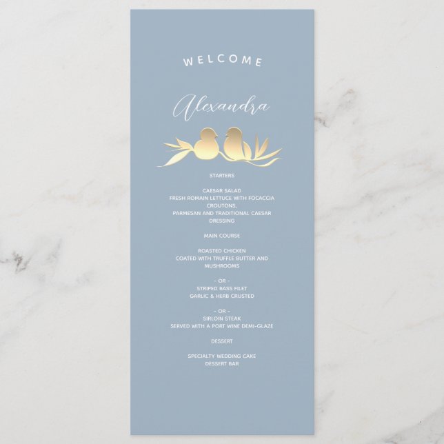 Menu Mariage bleu Dusty personnalisé (Devant)