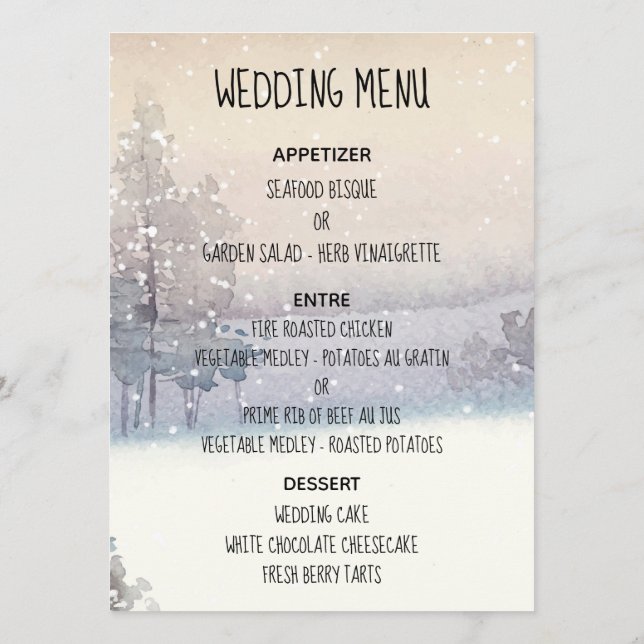 Menu Mariage bleu et blanc d'hiver (Dos)