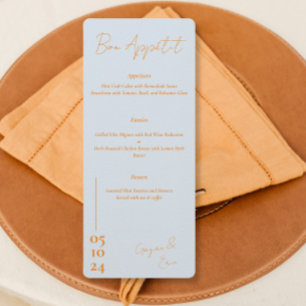 Menu Mariage bleu et orange foncé