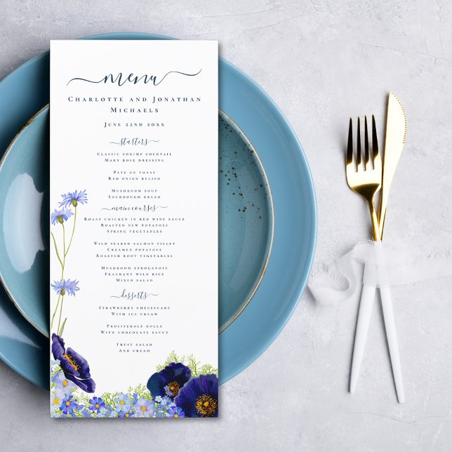 Menu Mariage bleu Fleur sauvage moderne (Elegant wildflower summer floral wedding menu with modern typography script)