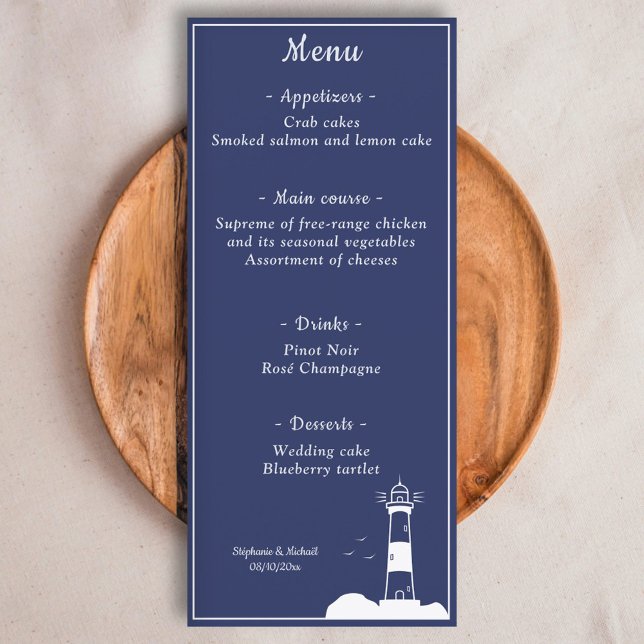 Menu Mariage bleu Lighthouse Navy (Lighthouse Navy Blue Wedding Menu)