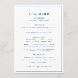 Menu Mariage bleu marine minimal et personnalisation de
