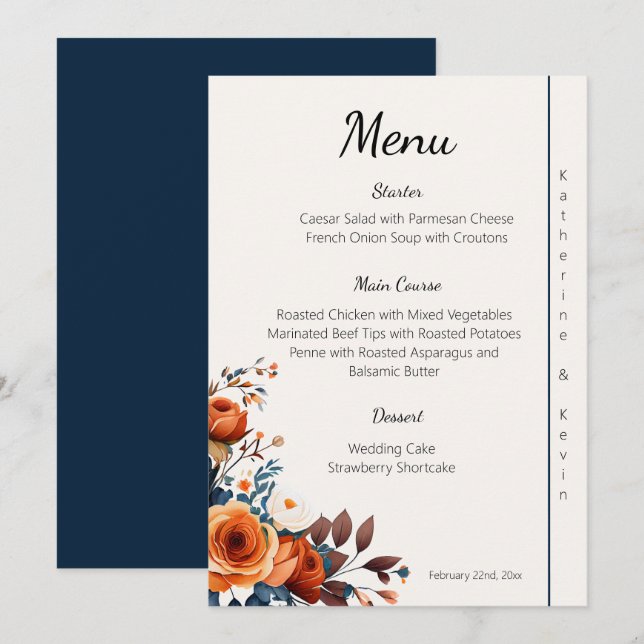 Menu Mariage bleu marine moderne et orange brûlé (Devant / Derrière)