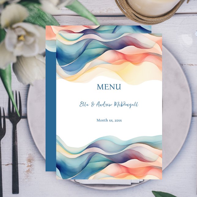 Menu Mariage bleu onduleur Abstrait moderne (Modern Abstract Color Wave Wedding Reception Menu Card)