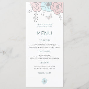 Menu Mariage bleu rose papillon moderne Artsy Florals