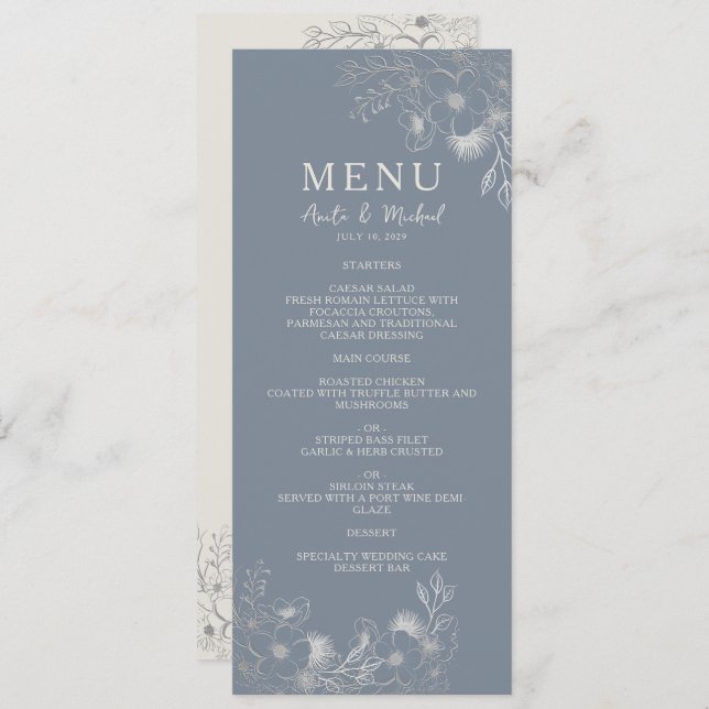 Menu Mariage bleu vintage Dusty (Devant / Derrière)