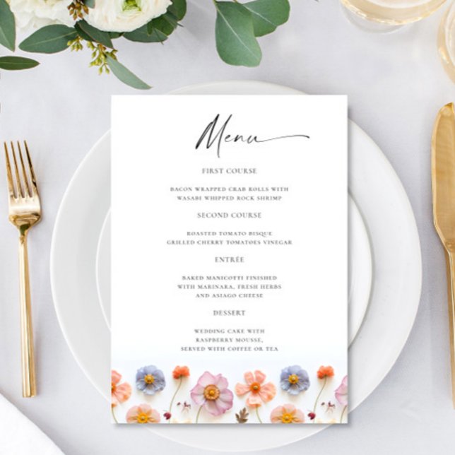 Menu Mariage bohème aux fleurs sauvages rose pastel élé (Créateur téléchargé)