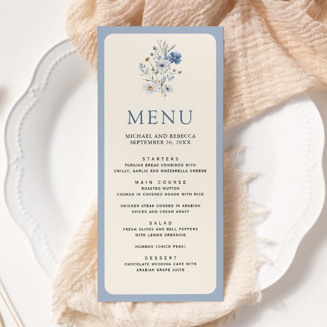 Menu Mariage Bohème Fleur Sauvage Bleu Poussiéreux (Créateur téléchargé)