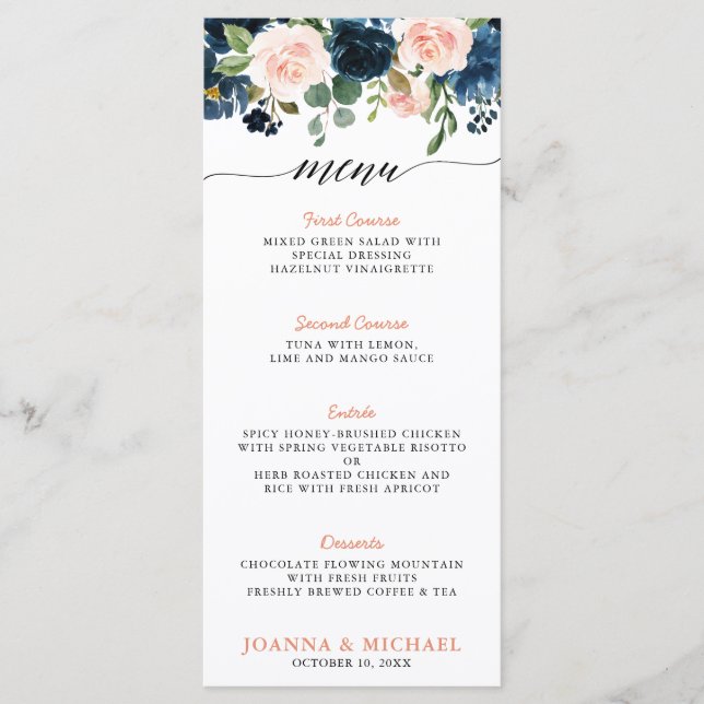 Menu Mariage Boho bleu bleu bleu rose bleu marine (Devant)