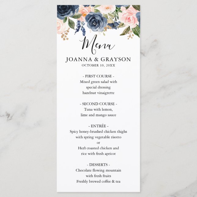 Menu Mariage Boho bleu bleu bleu rose bleu marine (Devant)